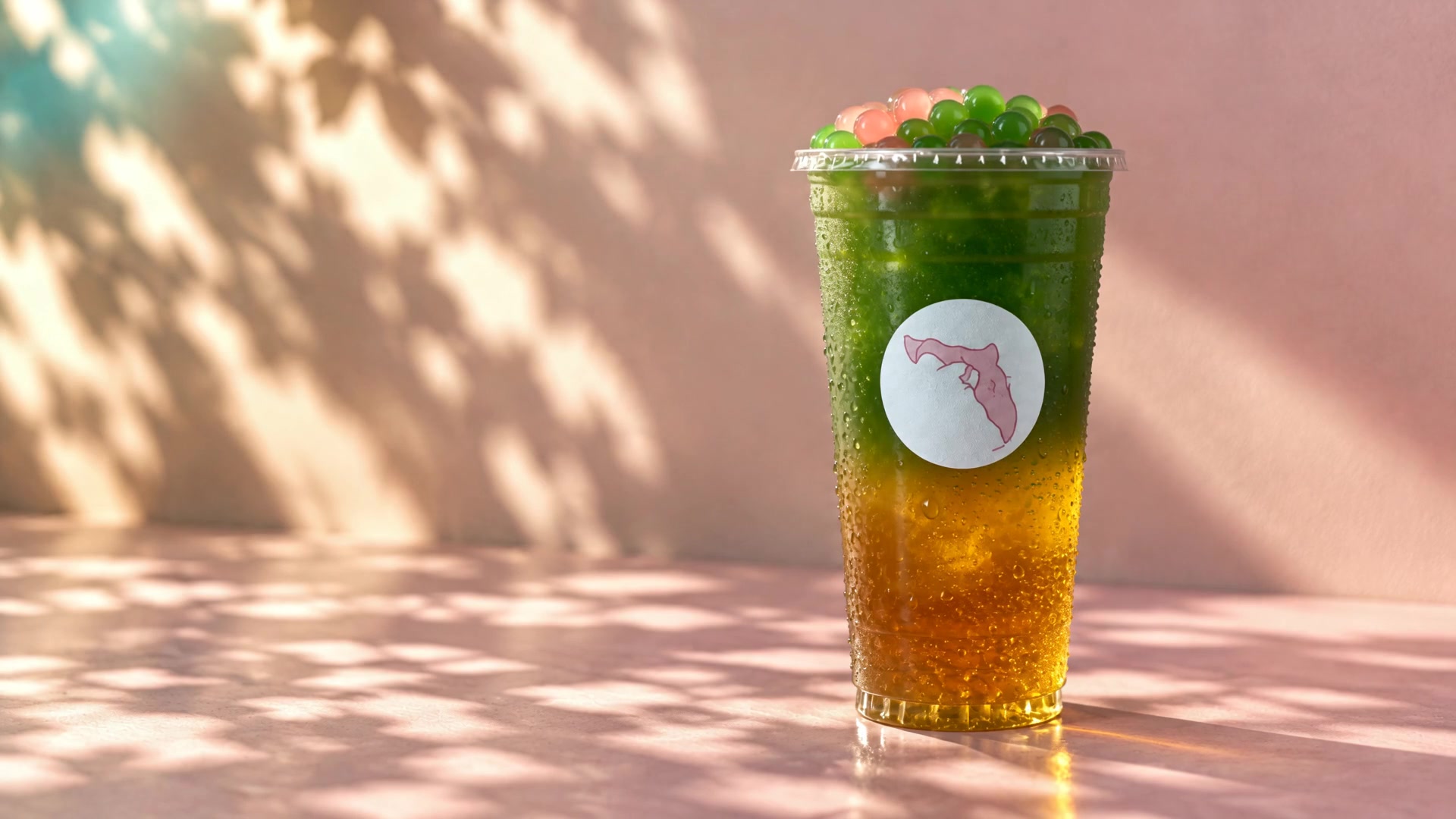A tall clear cup of bright green loaded tea with boba, on a sunlit pink counter.