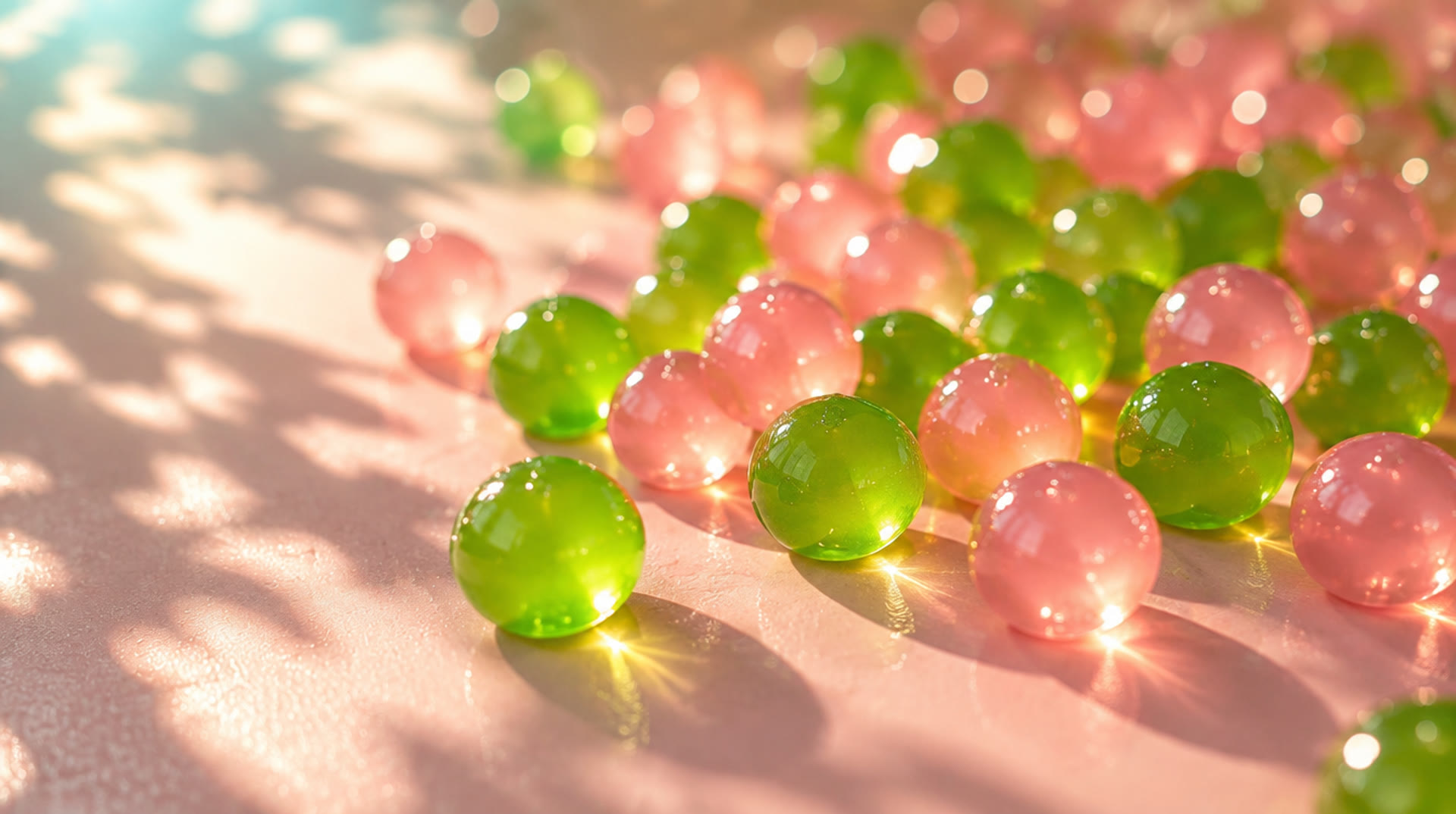 Close up of translucent green and pink boba scattered across a sunlit pink counter.