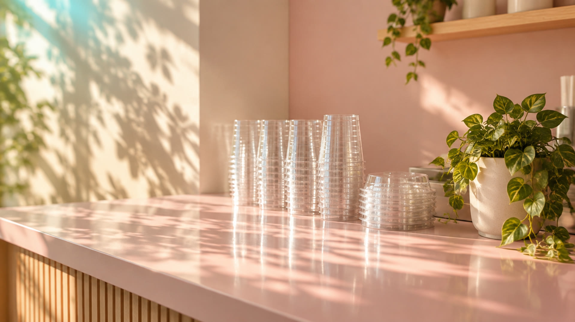 A sunlit drink counter with a row of clear cups and a trailing plant against pink walls.